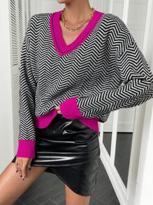 RosyDaze 人字形图案撞色落肩毛衣、长袖上衣 - 黑與白 - 查看 3
