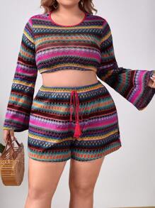 SHEIN VCAY Plus Chevron Pattern Trumpet Sleeve Crop Top & Tie Waist Shorts