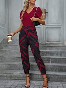 SHEIN Clasi 素色T恤&幾何印花長褲 - 酒紅色 - 查看 6