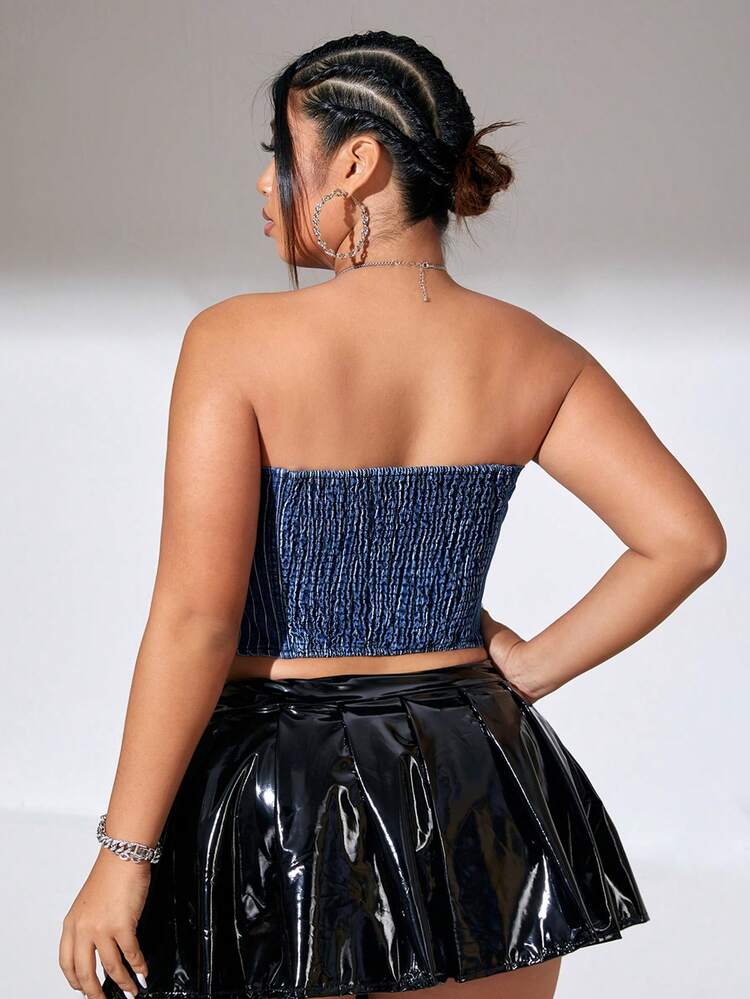 Plus Striped Grommet Eyelet Denim Top