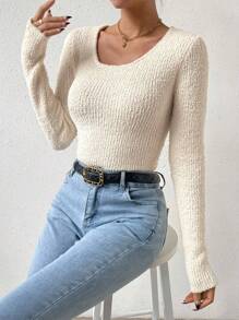 SHEIN Essnce Solid Scoop Neck Fuzzy Knit Sweater - White - View 4
