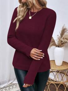 SHEIN LUNE Suéter de cuello redondo de punto sólido para otoño e invierno - Burdeos - Ver 3