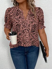 SHEIN LUNE Plus Allover Print Notched Neckline Puff Sleeve Blouse - Red - View 3