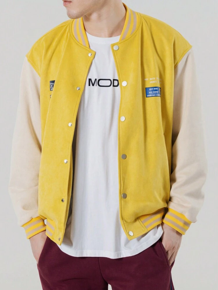 Loose Fit Men's Lettered & Striped Trim Drop Shoulder Bomber Jacket