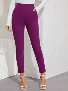 SHEIN Essnce 素色斜口袋緊身褲 - 中紫紅色 - 查看 1
