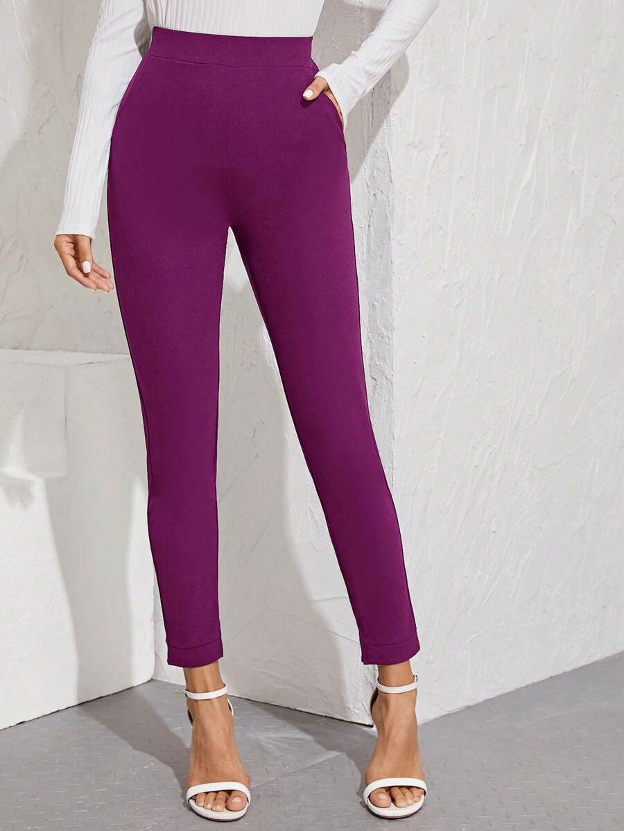 SHEIN Essnce 素色斜口袋緊身褲 - 中紫紅色 - 查看 1