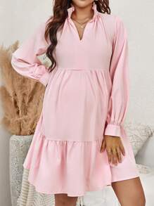 SHEIN Thai sản Đường viền cổ có rãnh Xù Hoa Sen Váy Smock - Hồng - Xem 2