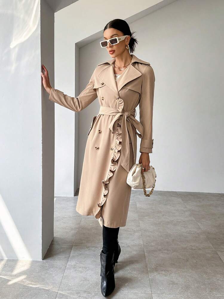 Lapel Neck Ruffle Trim Belted Trench Coat