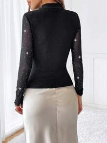 SHEIN Privé Mock Neck Sheer Mesh Insert Top