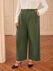 SHEIN Frenchy Plus Solid Slant Pocket Wide Leg Pants - Army Green - View 4