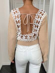 SHEIN Unity Áo len chui đầu không lưng, phối ren Guipure, kiểu dáng thu đông. - Màu be - Xem 1