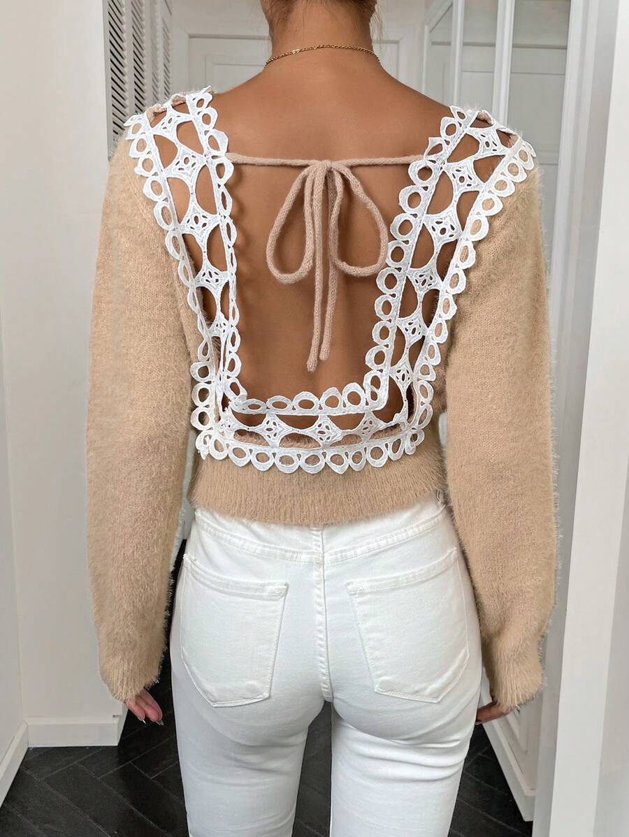 SHEIN Unity Áo len chui đầu không lưng, phối ren Guipure, kiểu dáng thu đông. - Màu be - Xem 1