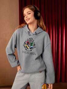 HARRY POTTER X SHEIN Chi tiết thêu Thả vai Dây rút Hoodie - Xám - Xem 1