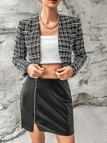 SHEIN Privé 格紋圖案開門襟短款花呢外套 - 黑色 - 查看 9