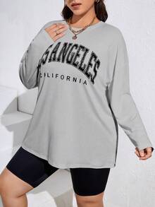 SHEIN Essnce Plus Letter Graphic Drop Shoulder Tee - Light Grey - View 4