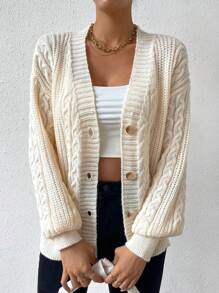 SHEIN Unity Cable Knit Drop Shoulder Cardigan - Apricot - View 5