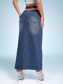 SHEIN ICON Cắt bỏ eo Tách đùi Váy Denim - Màu xanh lam - Xem 2