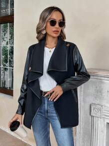 SHEIN LUNE 大翻領撞色滾邊外套 - 黑色 - 查看 3