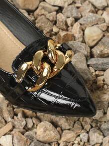 尖头粗跟鳄鱼纹金属扣时尚鞋，优雅女士高跟鞋，乐福鞋 - 黑色 - 查看 6