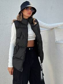 EURMUSE 拉鏈開襟羽絨背心大衣 - 黑色 - 查看 4