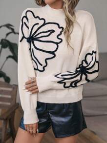 Louniche 花卉图案落肩立领毛衣，长袖上衣 - 白色 - 查看 6