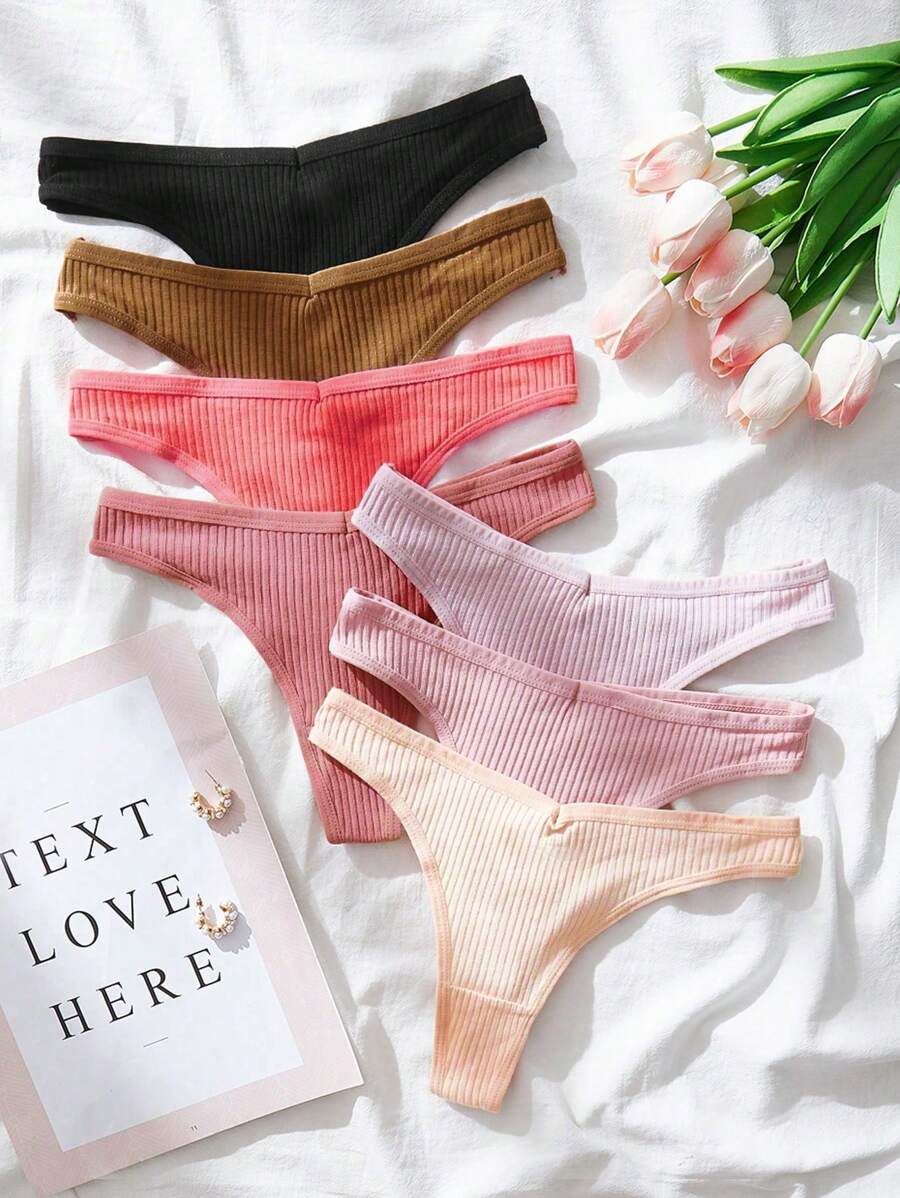 SHEIN 7 paquetes Tangas sexys de punto acanalado liso - Multicolor - Ver 1