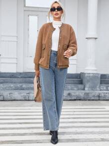 SHEIN Essnce 翻蓋口袋落肩袖毛絨夾克 - 卡其色 - 查看 6