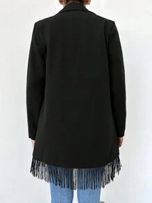 RueChic Lapel Neck Fringe Hem Button Front Blazer - Black - View 2