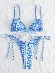 SHEIN Swim 夏季沙灘花卉印花系帶比基尼套裝 - 藍白色 - 查看 5