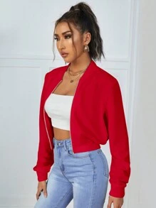 SHEIN Essnce Solid Zip Up Crop Jacket In Fall/Winter - Red - View 4