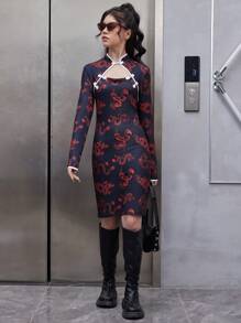Teen Girls Chinese Dragon Print Frog Button Cut Out Front Fitted Dress - Multicolor - View 3