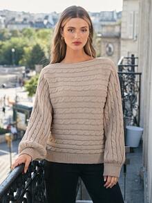 SHEIN Frenchy 素色麻花編織套頭毛衣 - 卡其色 - 查看 4