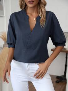 SHEIN VCAY Notched Neckline Puff Sleeve Blouse