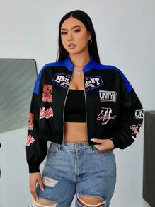 SHEIN EZwear 大碼字母圖案撞色落肩袖短款飛行員夾克 - 黑色 - 查看 5