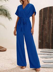 SHEIN Clasi Solid Belted Wide Leg Wrap Detail Jumpsuit - Royal Blue - View 3