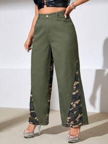SHEIN ICON Plus Camo Print Wide Leg Jeans - Army Green - View 5