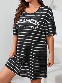 條紋&字母圖案落肩睡裙 - 黑與白 - 查看 6