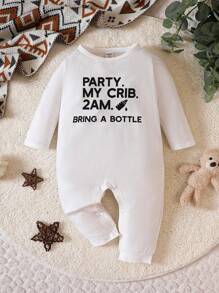 SHEIN Bộ áo liền quần dài tay in chữ vui nhộn hàng ngày cho trẻ em Unisex - trắng - Xem 1