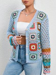 SHEIN EZwear Plus Floral Crochet Insert Open Knit Drop Shoulder Cardigan - Blue - View 4
