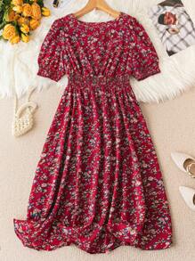 Calvaya Plus Summer Ditsy Floral Print Puff Sleeve Dress - Red - View 1