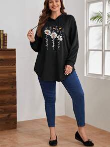 EMERY ROSE 加大码印花插肩袖抽绳卫衣 - 黑色 - 查看 3