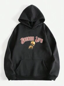 ROMWE MEN Street Life 男士骷髏頭和字母圖案抽繩加絨內裏連帽衫 - 黑色 - 查看 2