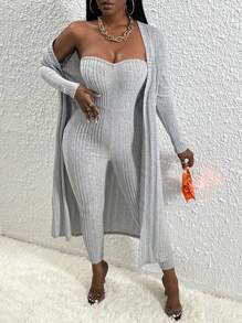 Slaydiva Chất rắn Jumpsuit ống & Mở Mặt trước áo - Xám - Xem 6