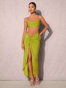 SHEIN X Jessie SHEIN BAE Solid Crop Cami Top & Twist Front Split Thigh Skirt - Lime Green - View 1