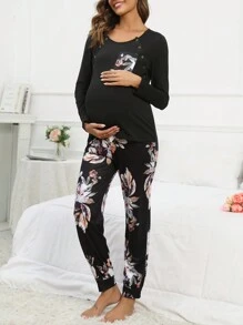 SHEIN Set pigiama/Pigiama per gestanti con stampa floreale e tasche