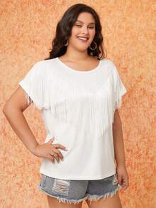 SHEIN VCAY 大碼流蘇邊T恤 - 白色 - 查看 3