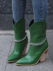 Western Style Women's Snake Pattern Green Boots With Faux Wood Heel And Chain Detail - Random Fabric Texture - Green - View 3
