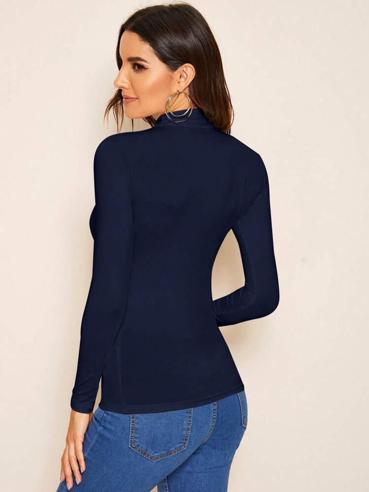 SHEIN Essnce Solid High Neck Slim Fit Tee - Navy Blue - View 2