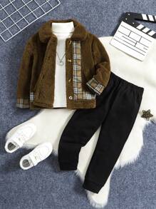 SHEIN Kleiner Junge Teddy Jacke mit Plaid Muster, & Hose ohne Pullover