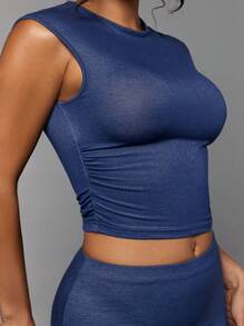 SHEIN BAE 素色褶邊短款T恤 - 藍色 - 查看 6